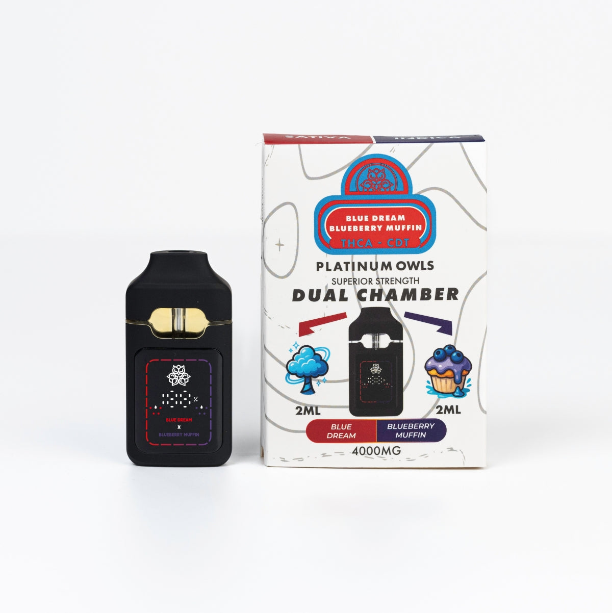 Platinum Owls Dual Chamber 4ml Vape – Blue Dream & Blueberry Muffin - 10 Count