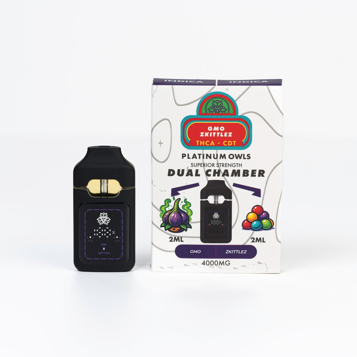 Platinum Owls Dual Chamber 4ml Vape – GMO & Zkittlez - 10 Count