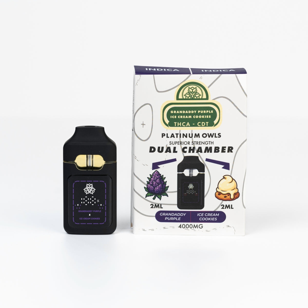 Platinum Owls Dual Chamber 4ml Vape – Grandaddy Purple & Ice Cream Cookies - 10 Count