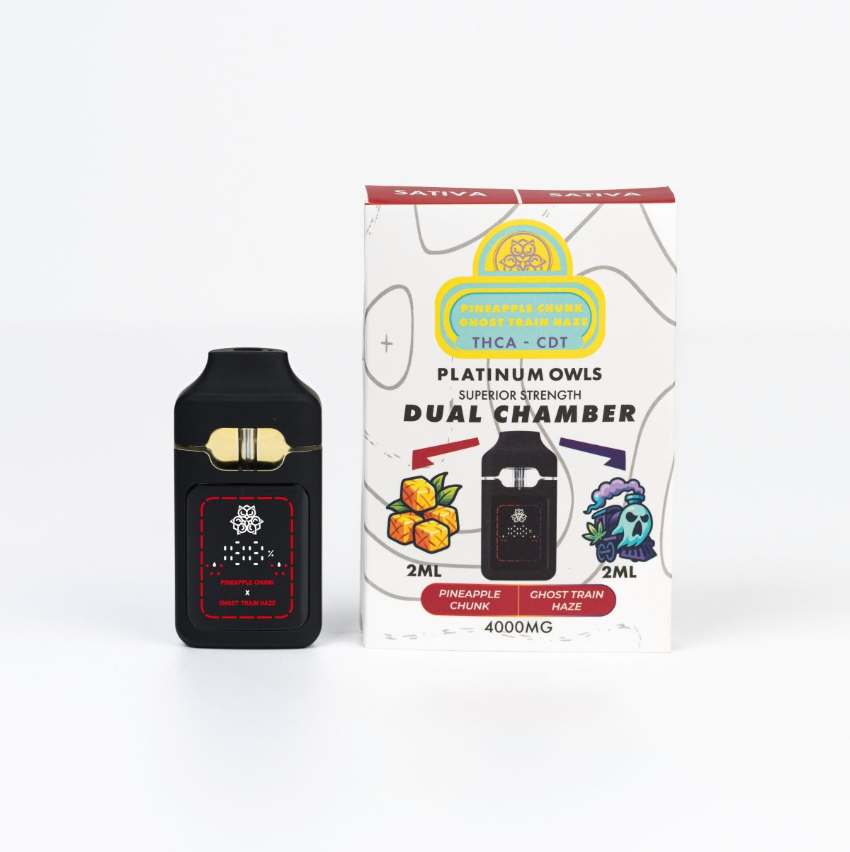 Platinum Owls Dual Chamber 4ml Vape – Pineapple Chunk & Ghost Train Haze - 10 Count